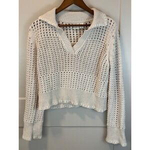 Joie Cream Beige Open Knit Crochet Fisherman Pullover Sweater Size Large